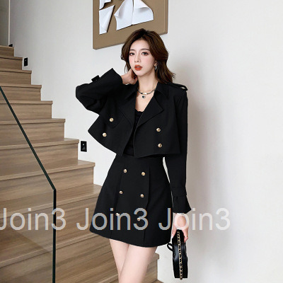 Autumn Winter New Korean Style Casual Two-piece Long-sleeved Short Suit Trench Coat Jacket + High-waisted Short Skirt Set