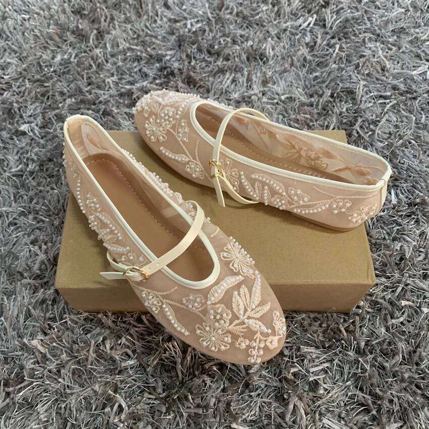 Embroidery Pearl Mesh Ballet Flats Women Fashion Hollow Round Toe Flat Sandals Elegant Comfortable Belt Buckle Mary Jane Shoes