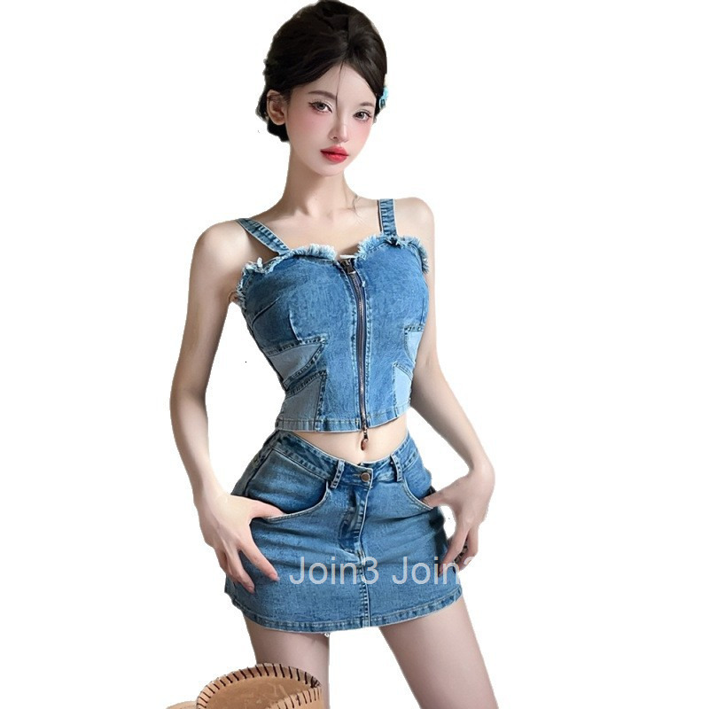 25 Summer New Sweet Spicy Girl Design Sexy Slim Strap Tank Top + High Waist Skirt Set