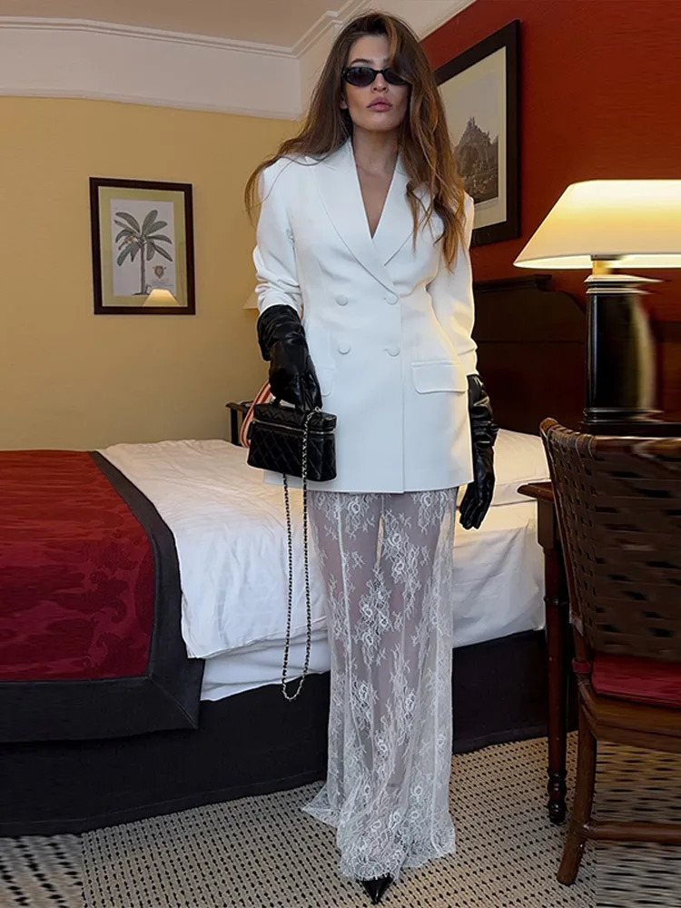 Solid Breasted Suit Top Half Skirt Women Set Lapel Pocket See Through Mesh Skirts Elegant Spring Summer Lady Commute Sets 250729