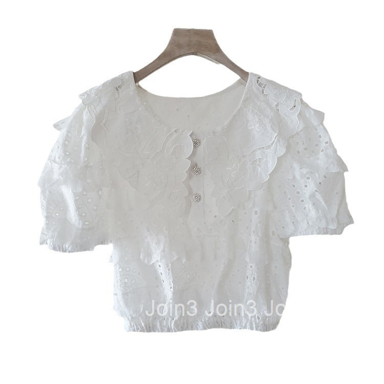 2025 Summer New Loose Round Neck Shirt Cotton Lace Button Short Sleeve Top Korean Style