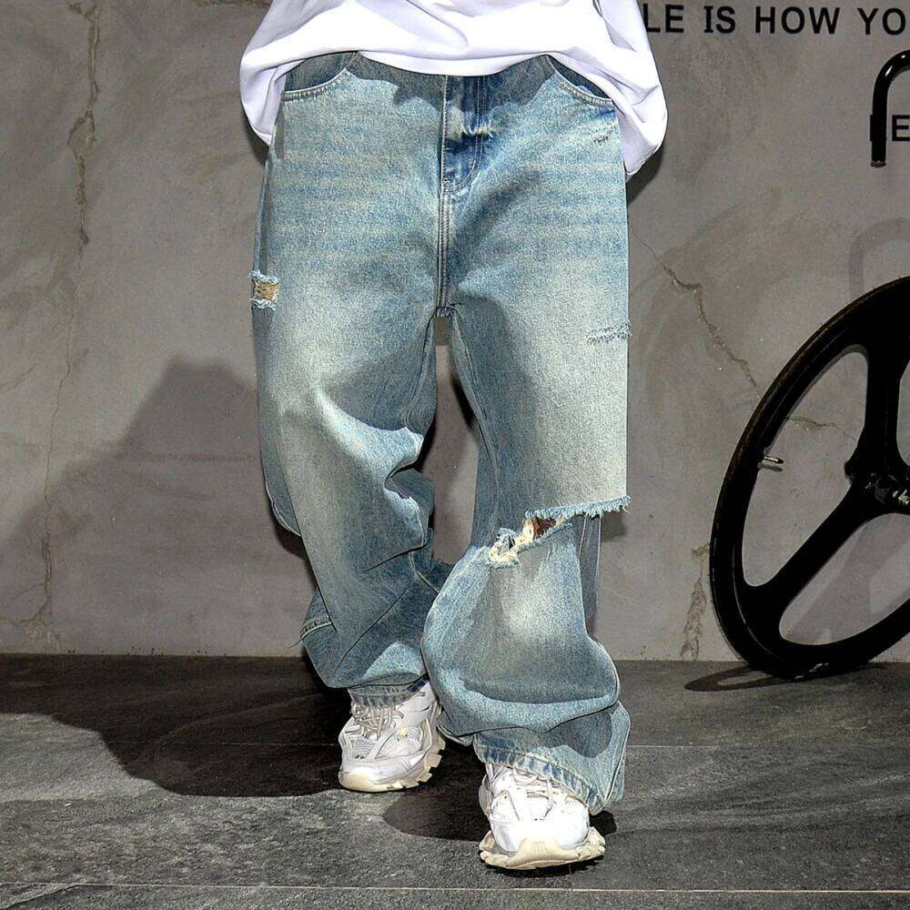Korean Fashion Ripped Men Clothing High Quality Hip Hop Baggy Jeans American Streetwear Skateboard Denim Trousers Male 250726