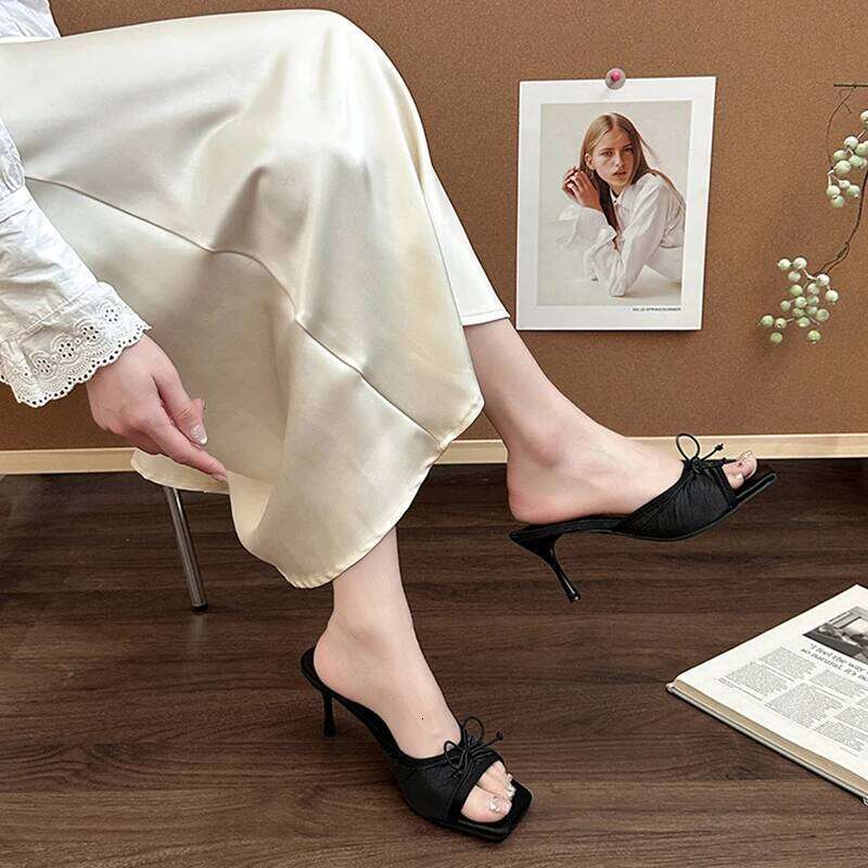 Summer Floral High Heels Women Slippers Fashion Square Toe Slip On Shoes Ladies Outdoor Party Dress Slides
