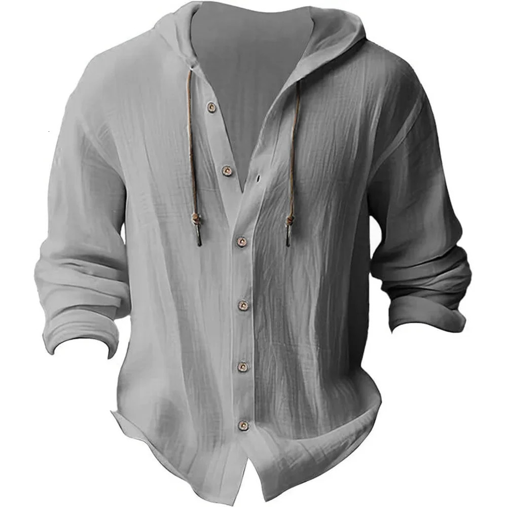 Mens Casual Hooded Tshirt Cardigan Cotton Linen Shirts Autumn Lightweight Breathable Vacation Tshirts Tops 250729