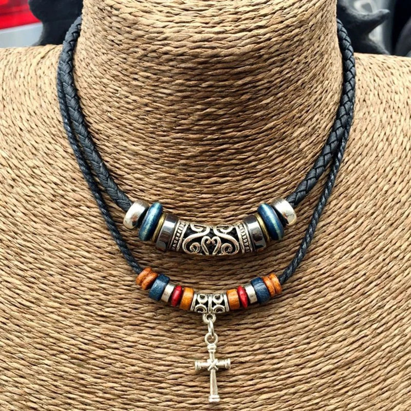 Vintage Tribal Style Boho Leather Necklace Hipppie Double Layered Braided Beaded Cross Pendant Dog Tooth Necklace Jewelry Gift 250729