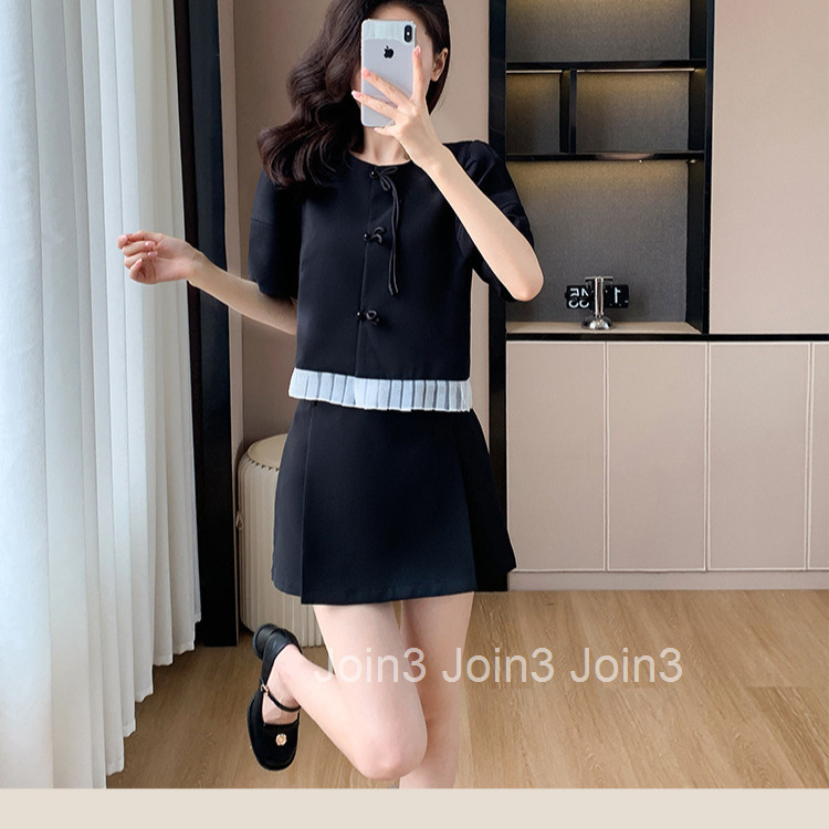 Summer New Style Socialite Round Neck Button Short Sleeve Blouse Top + A-Line Short Skirt Two-Piece Set for Women