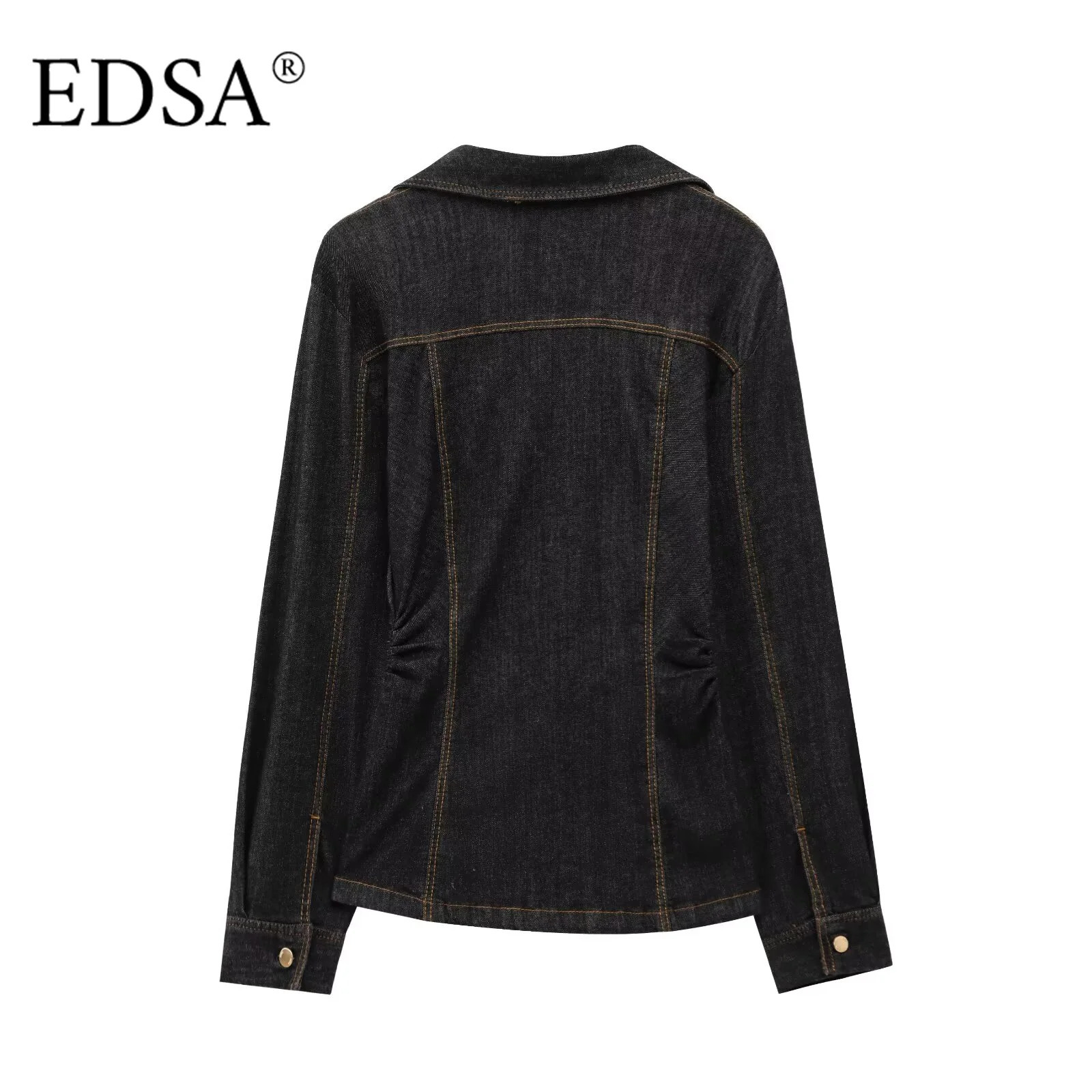 EDSA Women Black Denim Pants Set Fitted Shirt with Patch Pockets Pintuck Straight Leg Jeans Long Suit 250724