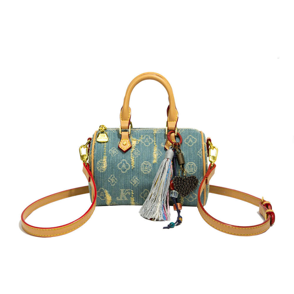 Monica Qiqi Canvas Denim Vintage Bowling Handheld Niche Boston Pillow Bag for Women
