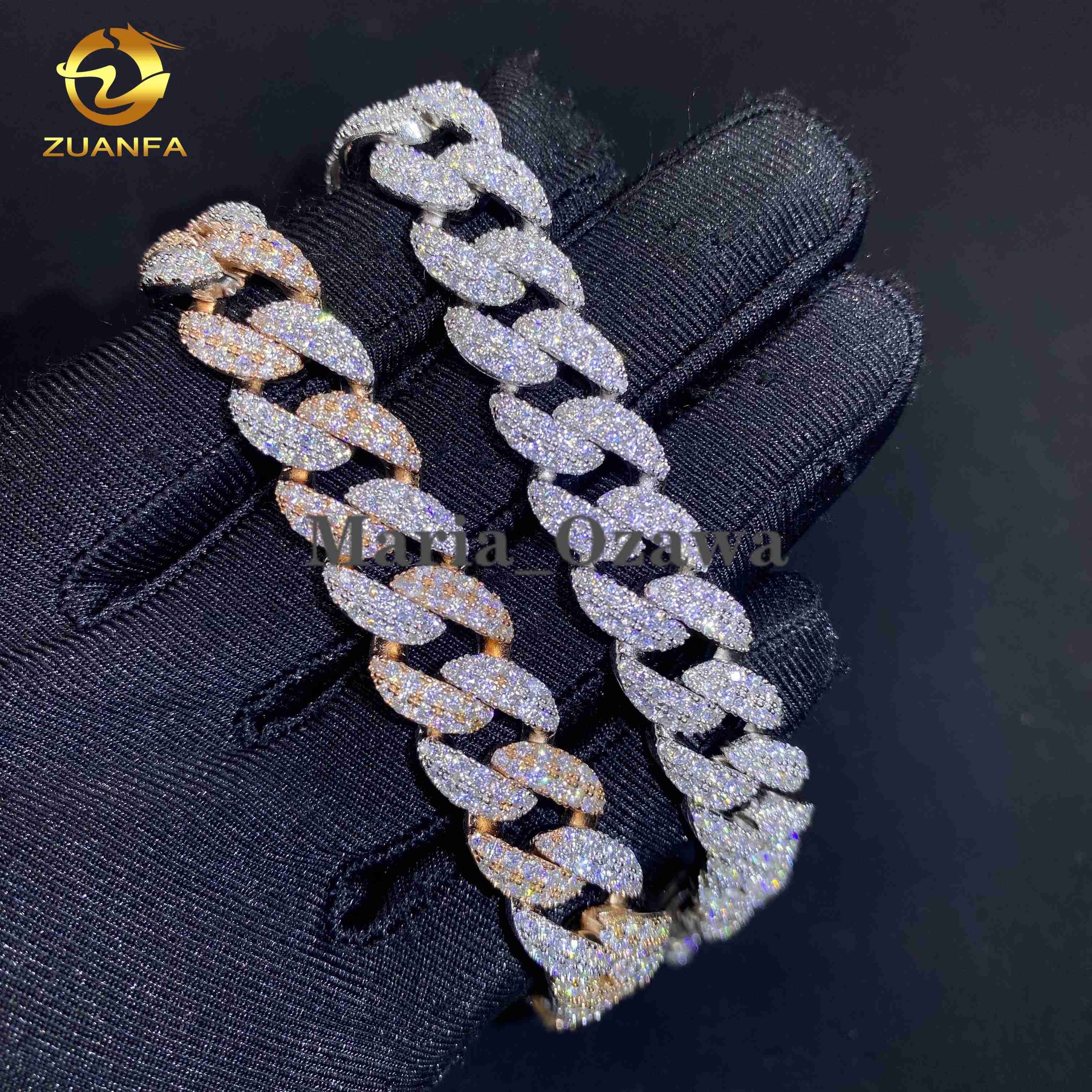 Luxury 12mm 2Rows Hip Hop Jewelry Iced Out Bracelet 925 Sliver VVS Moissanite Diamond 2Tone Miami Cuban Link Chain Necklace
