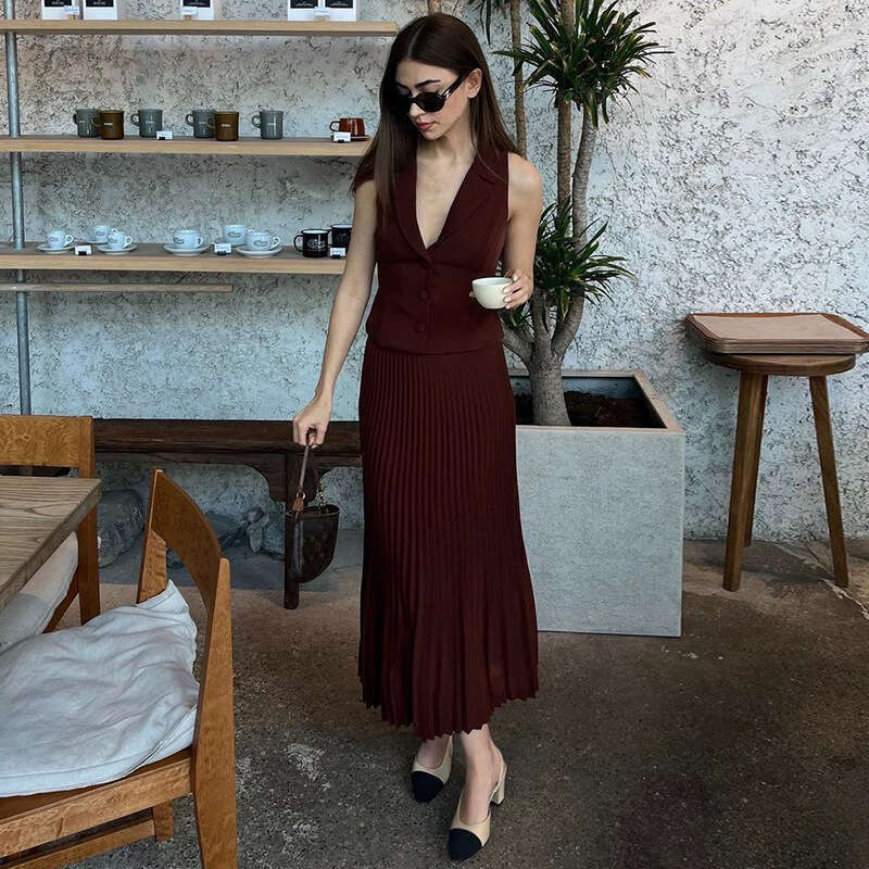 European and American Cross-Border Design Women's Fashion 2024 Summer New Suit Collar Blazer Vest Top Mid-Length Pleated Skirt Set