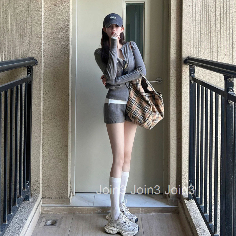 Autumn New Casual Round Neck Sweater Cardigan Jacket Top + Shorts Two-Piece Set for Women