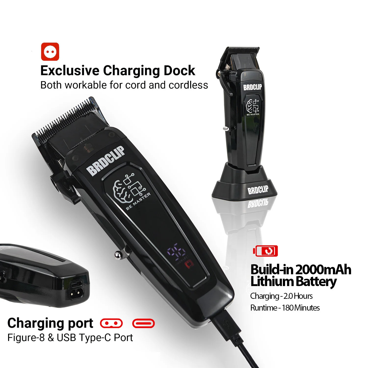 BRDCLIP Professional Electric Clipper BRD 106 Hair Trimmer for Man 7500RPM with Base 5-adjusted DLC Blade Barber Machine 250725 C260312