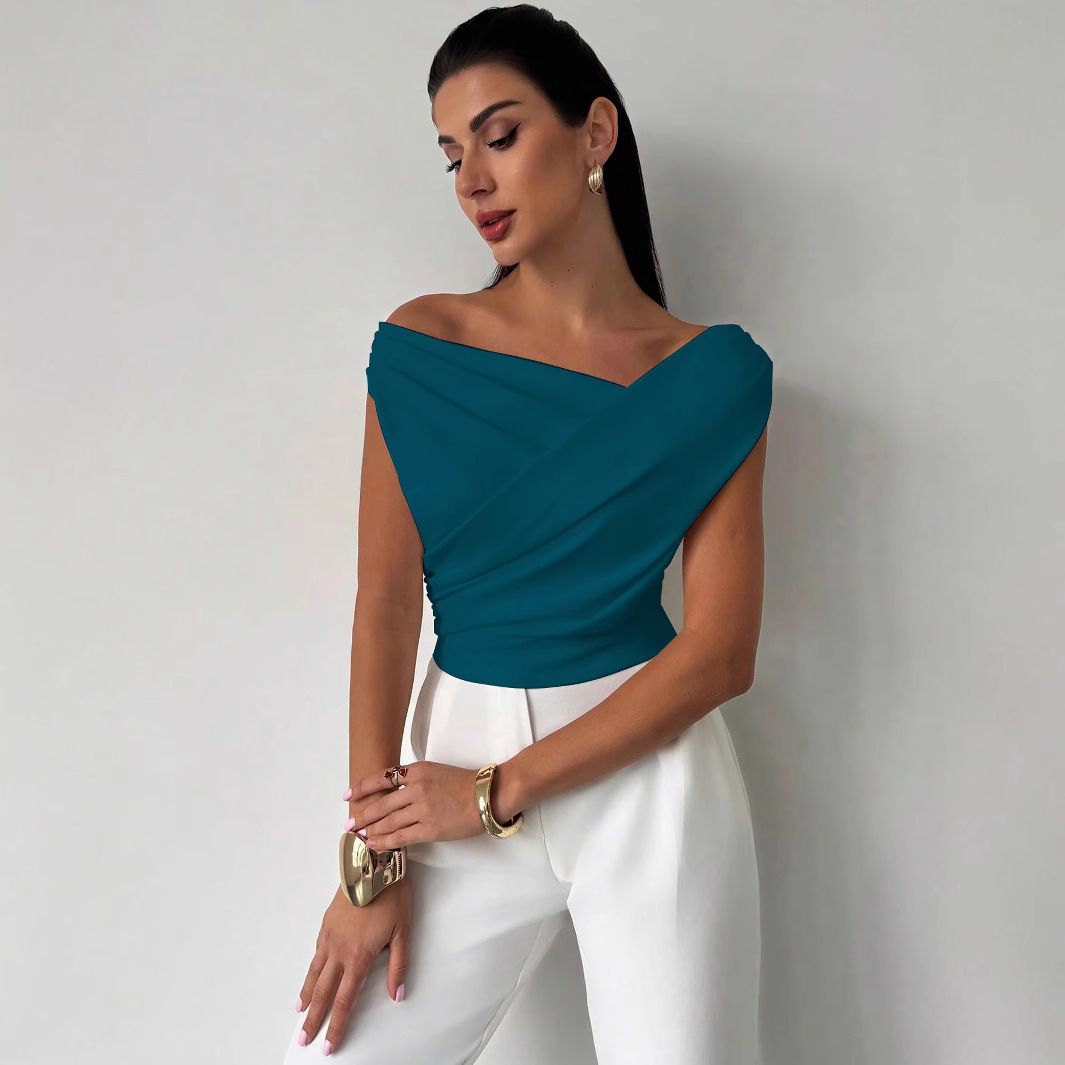 2025 Solid Color Sleeveless T-Shirt Womens Simple Style Asymmetric Shoulder Slim Fit Sleeveless Short Top