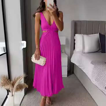 2024 Summer New Cross-Border European and American Style Elegant V-Neck Sleeveless Hollow Out Backless Pleated Dress