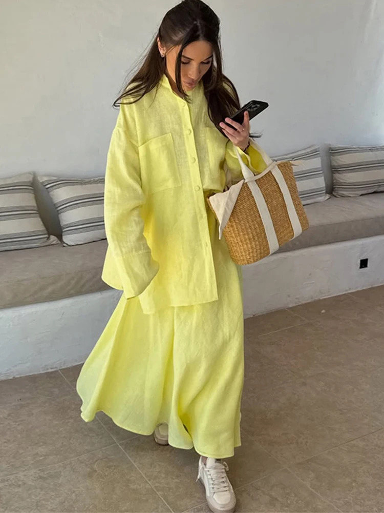 Fashion Loose Womens Two Piece Turn-down Collar Full Sleeve Single Breasted Top Draped Long Skirt 2025 Summer Lady Causal Set 250728