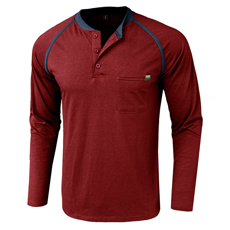Autumn Winter Mens Outdoor Pocket Long Sleeve Henley T-Shirt American Style Raglan Base Shirt Top