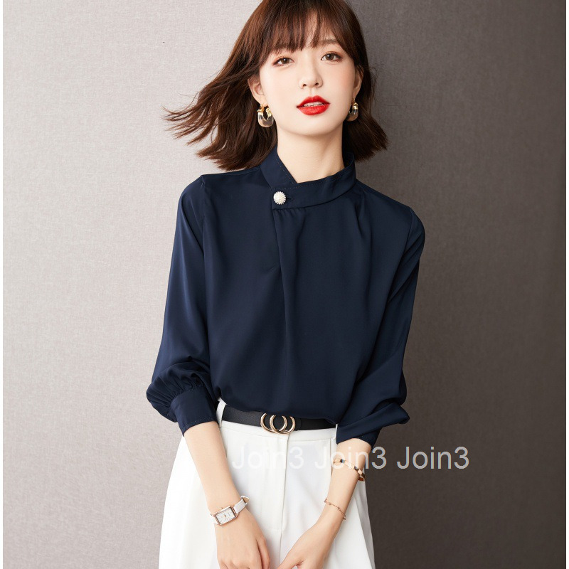 Spring and Autumn New OL Style French Plus Size Womens Pearl Button Elegant Long Sleeve Shirt Base Shirt for Women