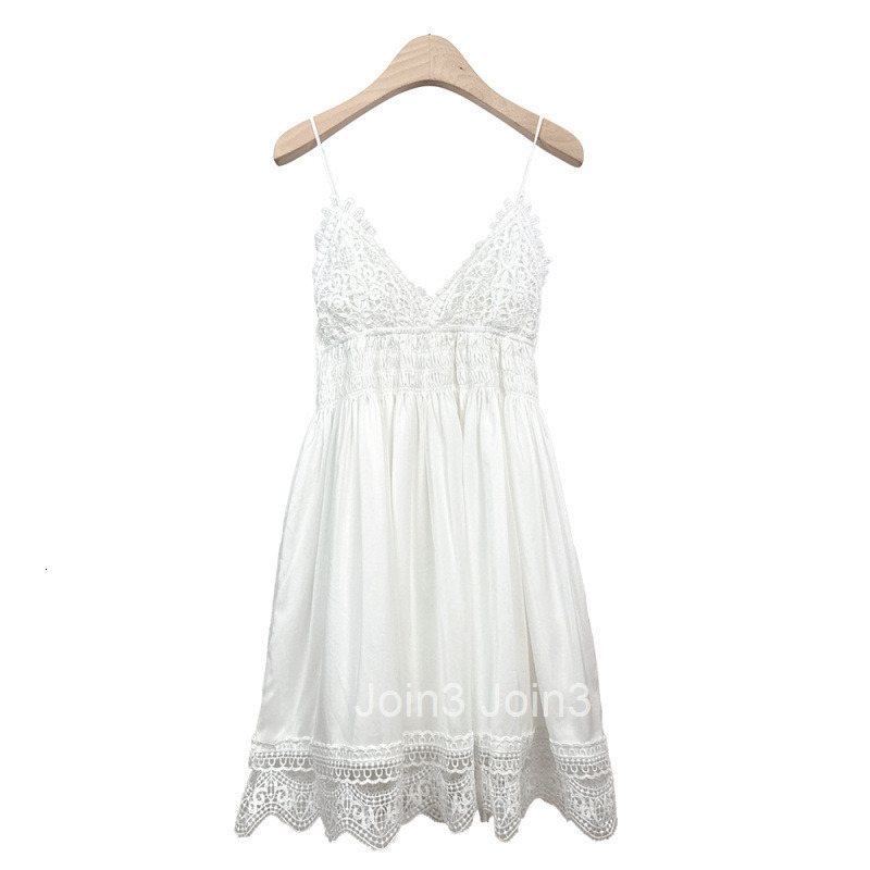 2025 Summer New Style Socialite French Chic Lace Trim White Fairy Sleeveless Strap Dress Short Dress