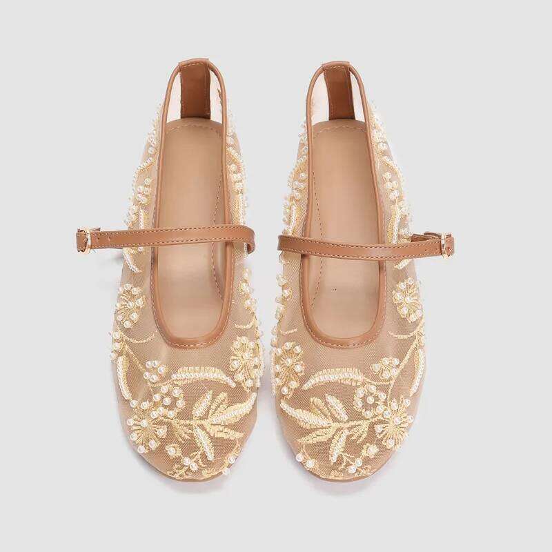 Embroidery String Bead Mesh Ballet Women Fashion White Pearl Mary Jane Shoes Light Summer Flats Elegant Cozy Flat Sandals