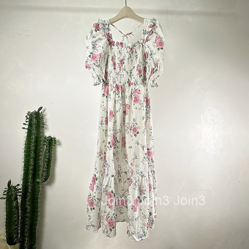 Summer New Puff Sleeve Waist-Cinching Long Dress Niche Korean Style Floral Dress Ruffled Low Neck Short Sleeve Dress