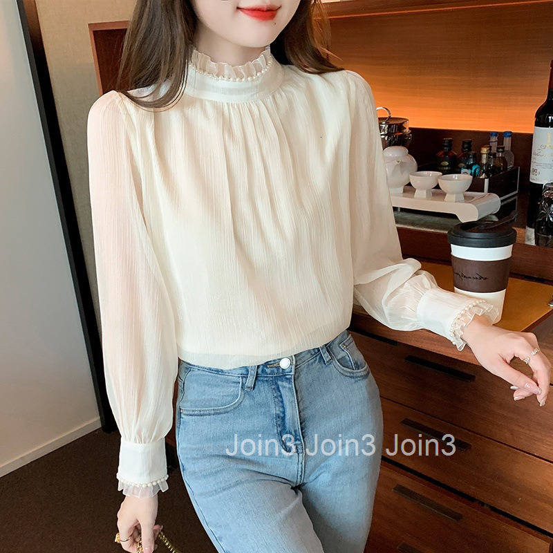 Autumn Winter New French Style Stand Collar Pearl Puff Sleeve Thickened Long Sleeve Shirt Base Shirt Top Plus Size Women