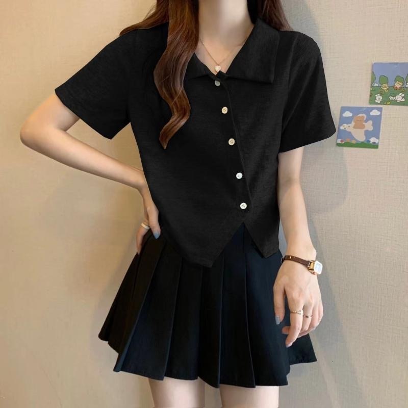 2025 Irregular Short sleeved Women's T-shirt Summer Fashion Slim fit Abdominal Cover Design Sense Regular Shoulder Polo Shirt Casual Fashion New 