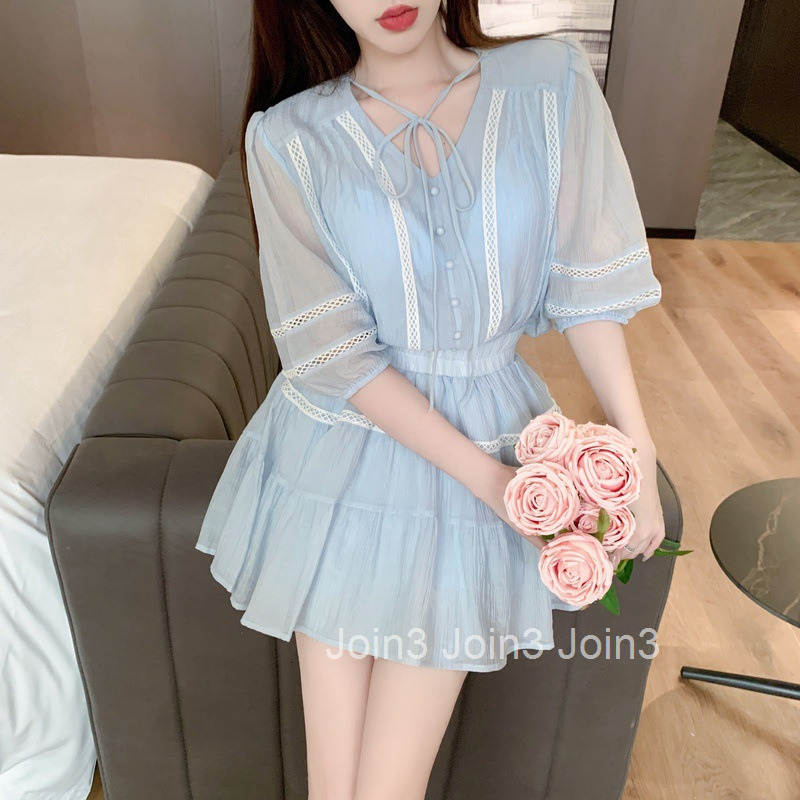 Summer New Elegant Short Sleeve Tie V-neck Shirt Top Mid-length + Elastic Waist Short Skirt Set for Women