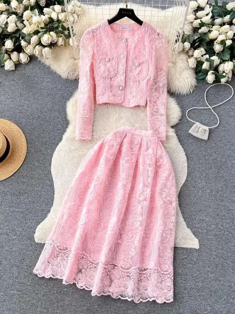 Autumn Elegant Flower Embroidery Lace Two Piece Matching Set Womens Long Sleeve Pearls Button Crop Top Midi Skirts Suits 250728