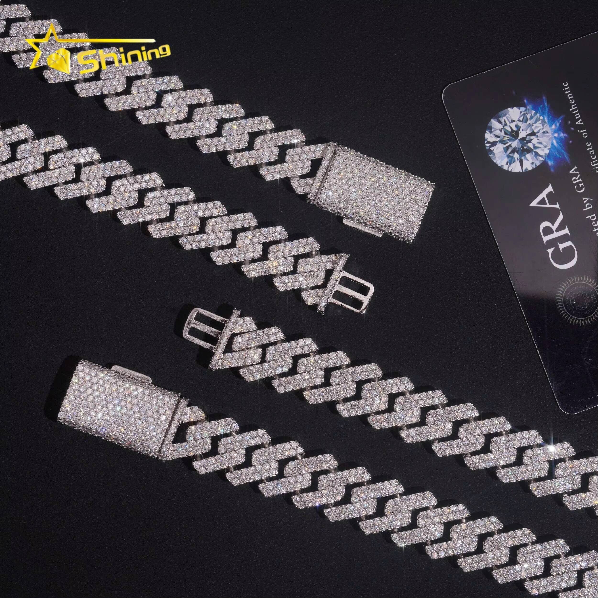 Hip Hop Jewelry High Quality Mens 15mm 925 Sterling Silver Iced Out VVS Moissanite Cuban Link Chain