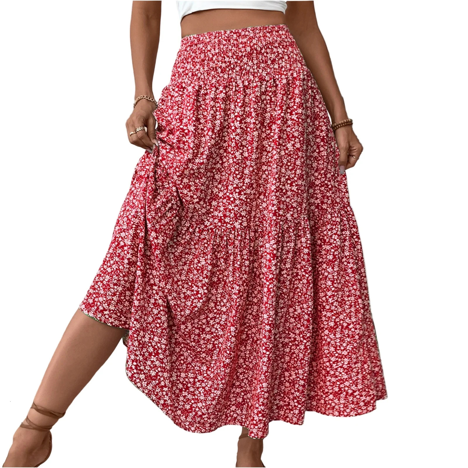 Womens Fashion Pleated Floral Print Elastic Waist Loose Splicing A Line Skirt Skirts for Women Women 250729