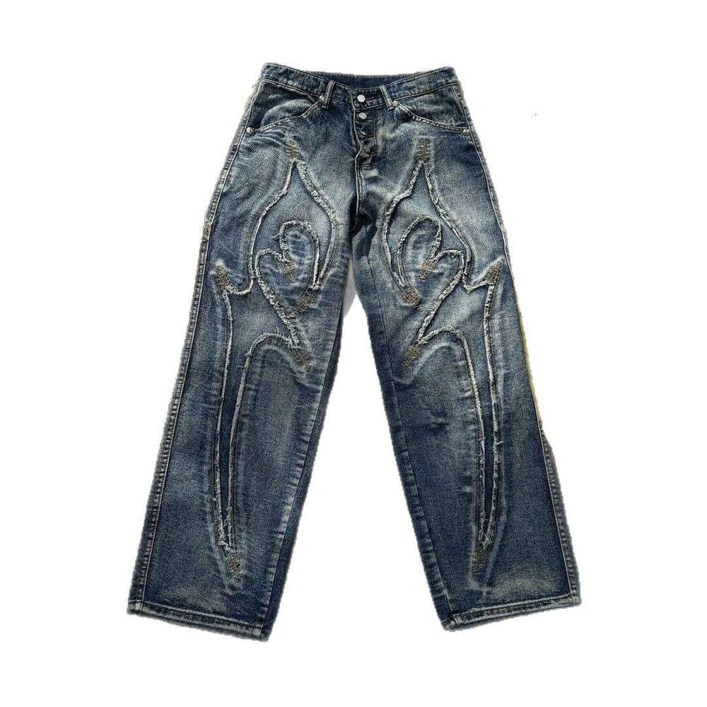 ThugClub24FW Park Jae Fan Same Style Laser Patchwork Scythe Pattern Embroidered Mid-Waist Loose Jeans