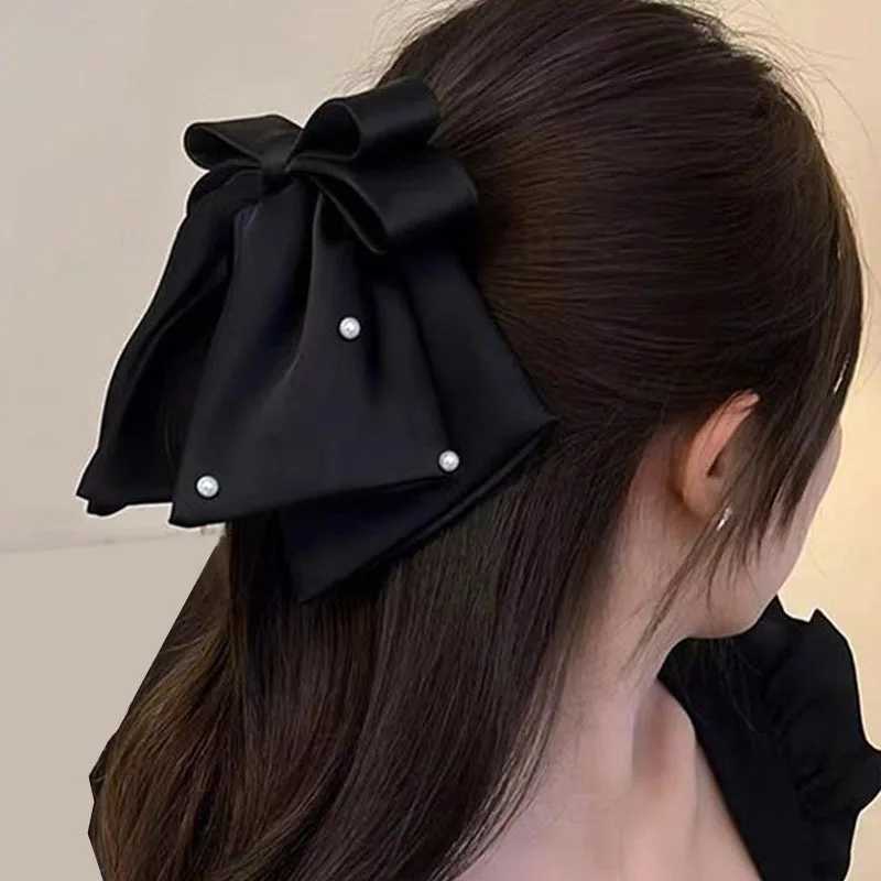New Women Girls Sweet Pearl Satin Bowknot Hair Clip Simple Big Ribbon Bow Barrette Solid Color Scarf Hairpin Ponytail Clip Z250729