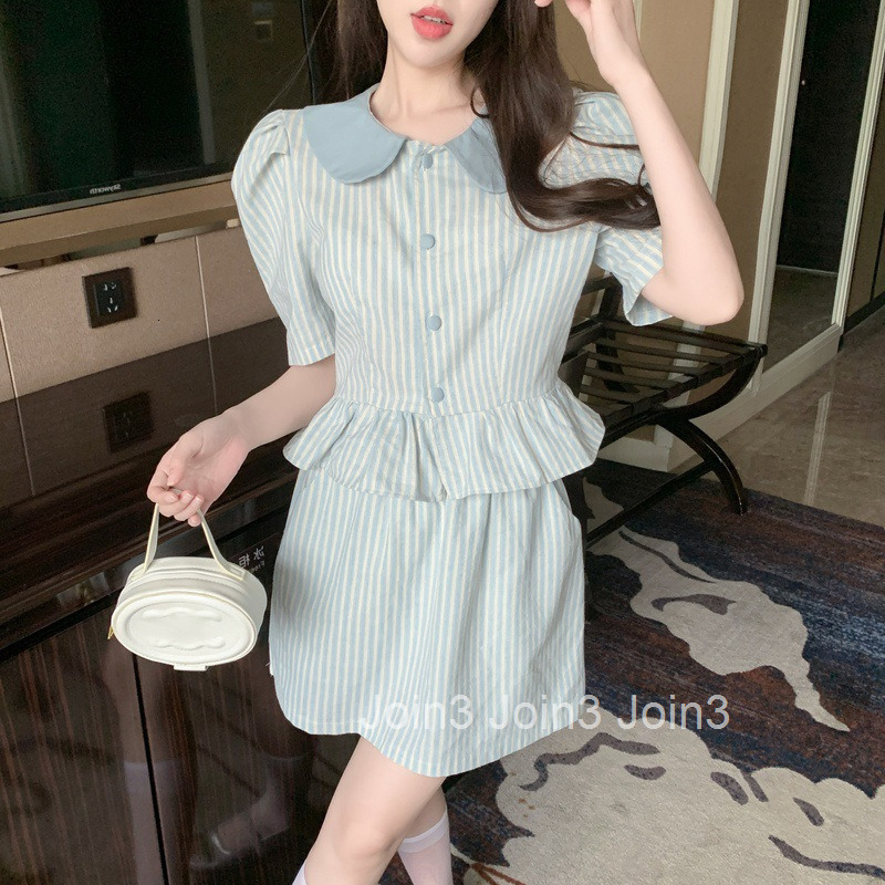 Short Sleeve Top and Short Skirt Summer New Striped Youthful Turn-Down Collar Shirt + Elastic Waist Pocket Short Skirt Set for Women