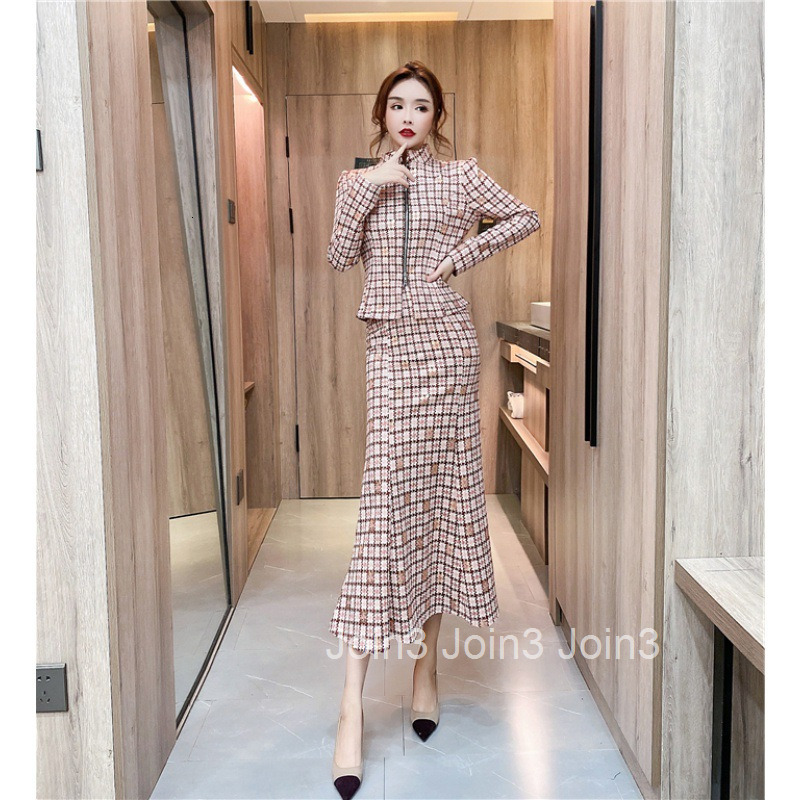 Autumn Winter New Fashionable Stylish Internet Celebrity Goddess Suede Plaid Slim Long Sleeve Jacket Bodycon Long Skirt Set