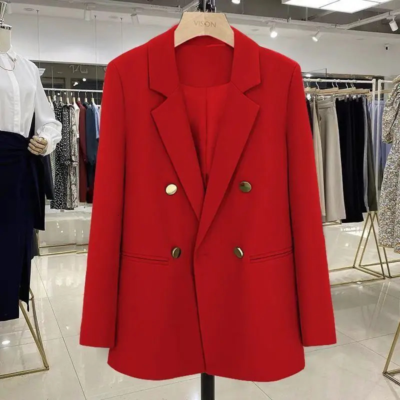 Red Suit Coat Womens Korean Style Loose Doublebreasted Blazers Office Female Temperament Jacket Outerwear Tops 250729