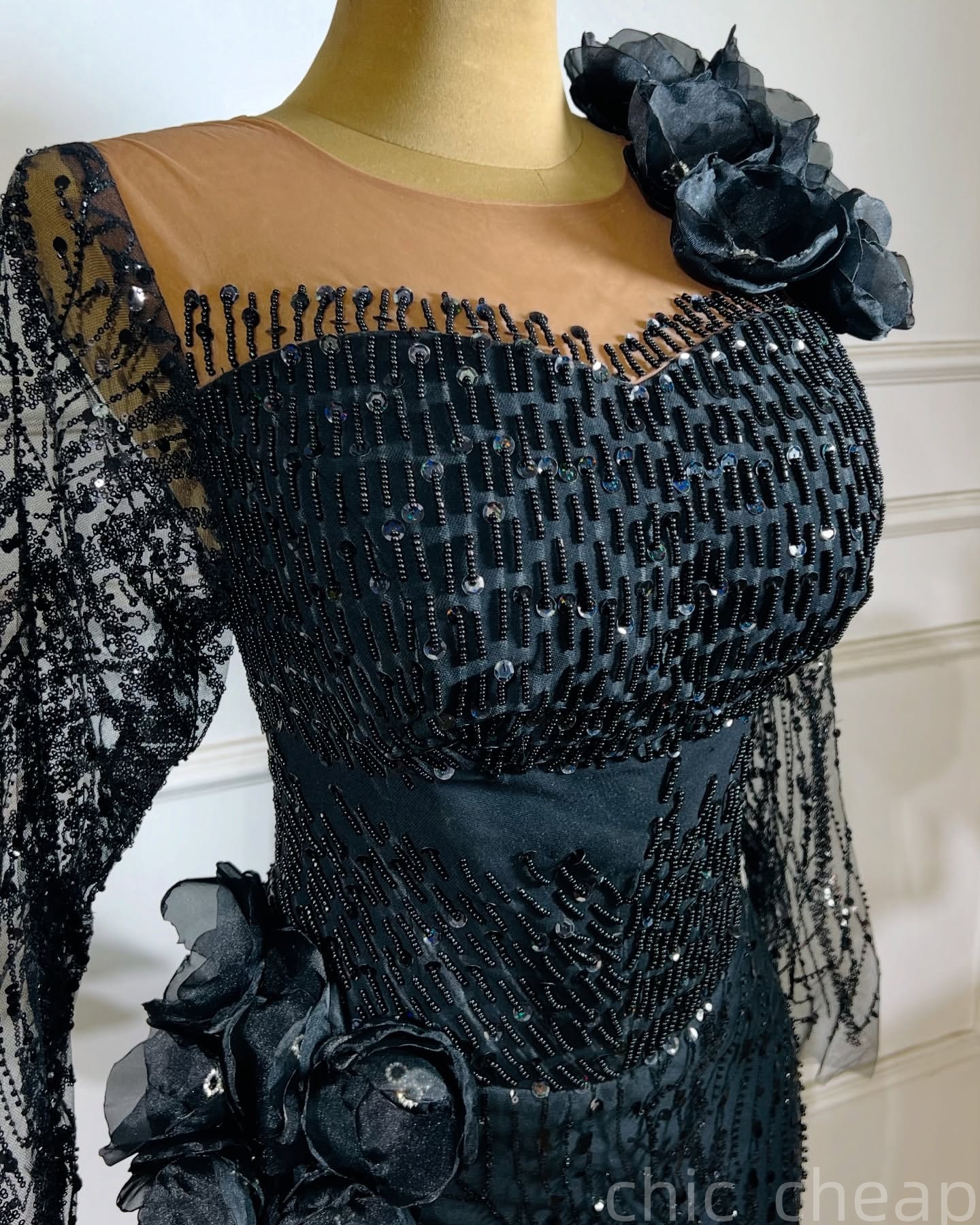Black Mermaid Prom Dresses 2025 Beaded Flowers Sheer Neck Evening Formal Party Second Birthday Engagement Gowns Plus Size Dress For Special Occasions 