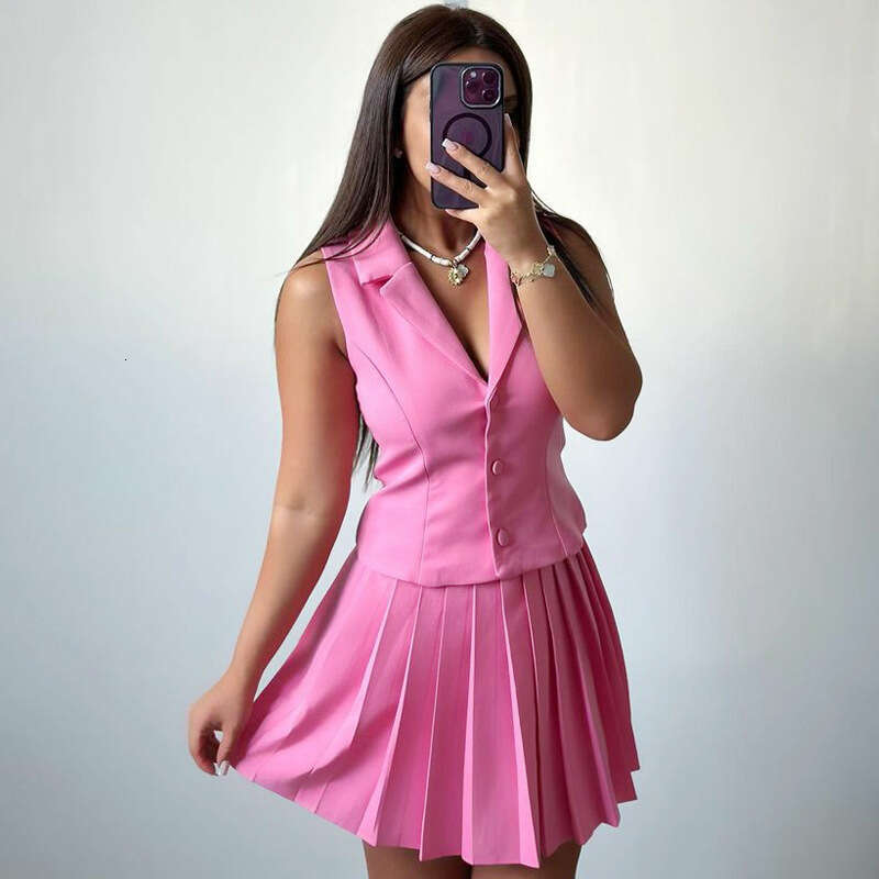 Spring Summer New Women's Sleeveless Blazer Vest Pleated Short Half Skirt Commuter Two-Piece Set B5