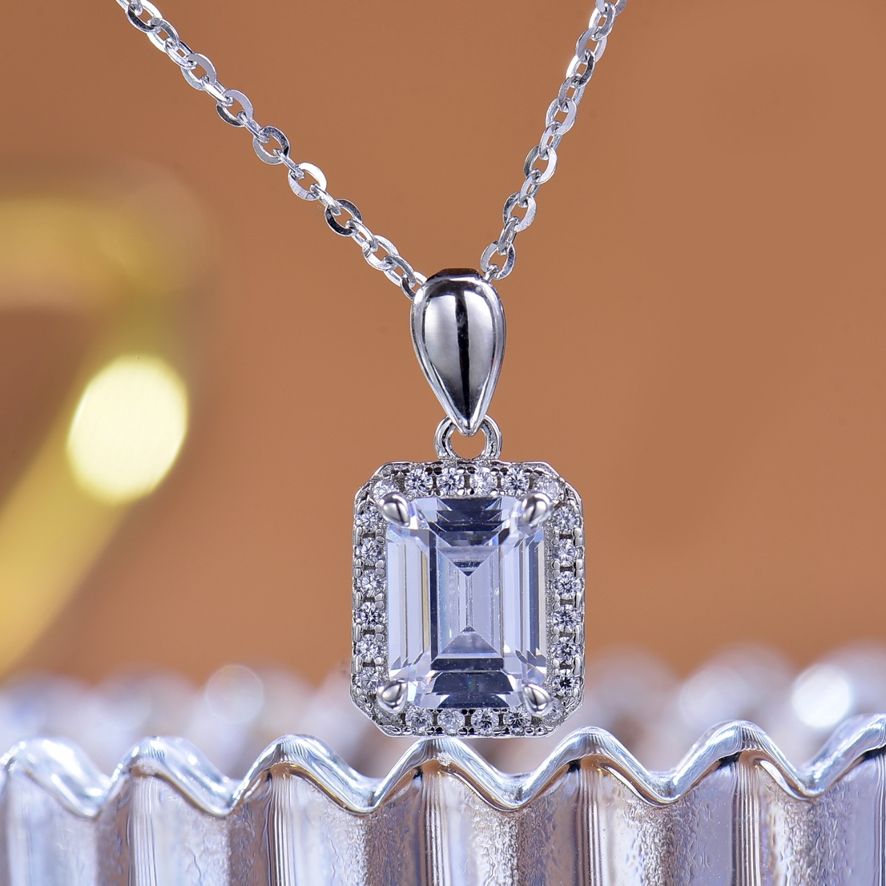 Elegant Micro-Pave Emerald-Cut Moissanite Pendant - Sparkling Gem with Graceful Design, Ideal Gift for Women, Symbol of Sophistication