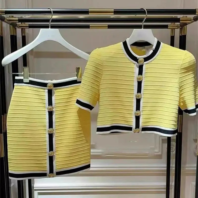 Summer Elegant Party Suit Short Sleeves Knitted Cardigan Top Slim High Waist Skirt y Women Outfits 2Piece Set K597 250729