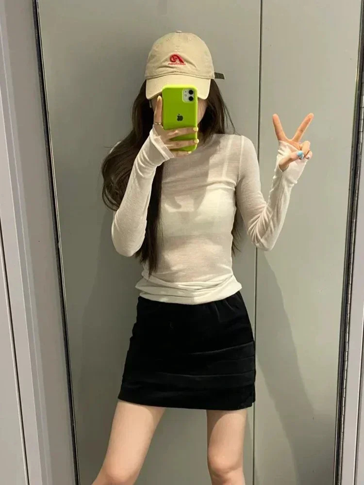 High Quality Plain Women Cotton T Shirt Elastic Basic Tshirts Female Casual Tops Long Sleeve Sexy Thin Tshirt See Through w250729