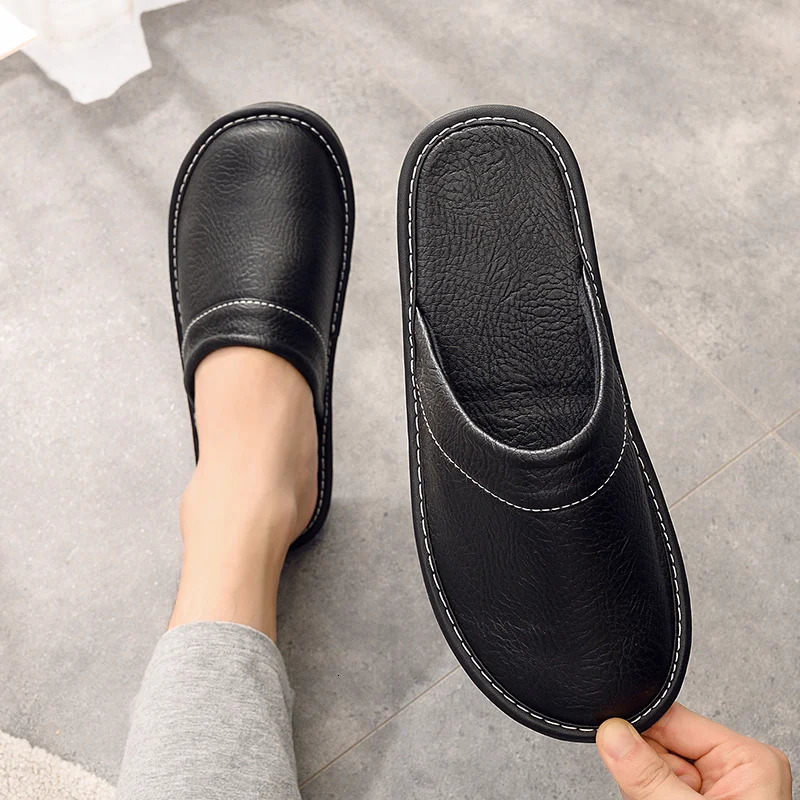 Couples Classic Leather Slippers Men Bedroom Comfort Home Shoes Males Flat Slippers Non-slip Rubber Man Slipper Big Size 47 48 250725