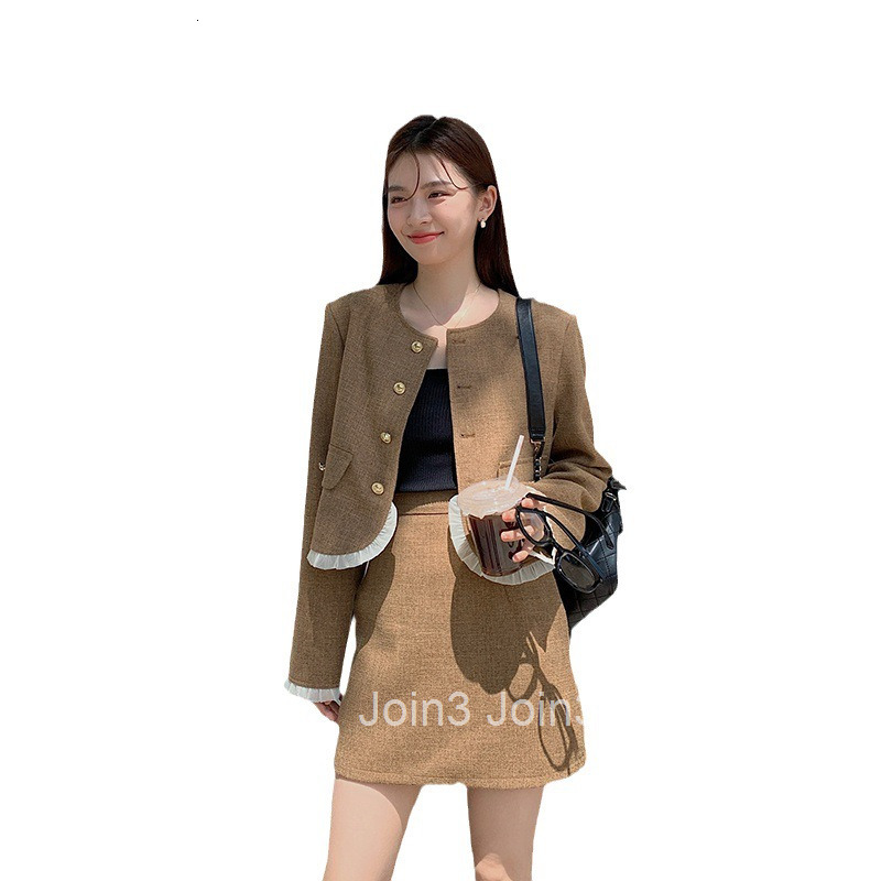 Autumn Winter New French Style Small Fragrance Round Neck Single-Breasted Long Sleeve Jacket and Short Skirt Set for Women