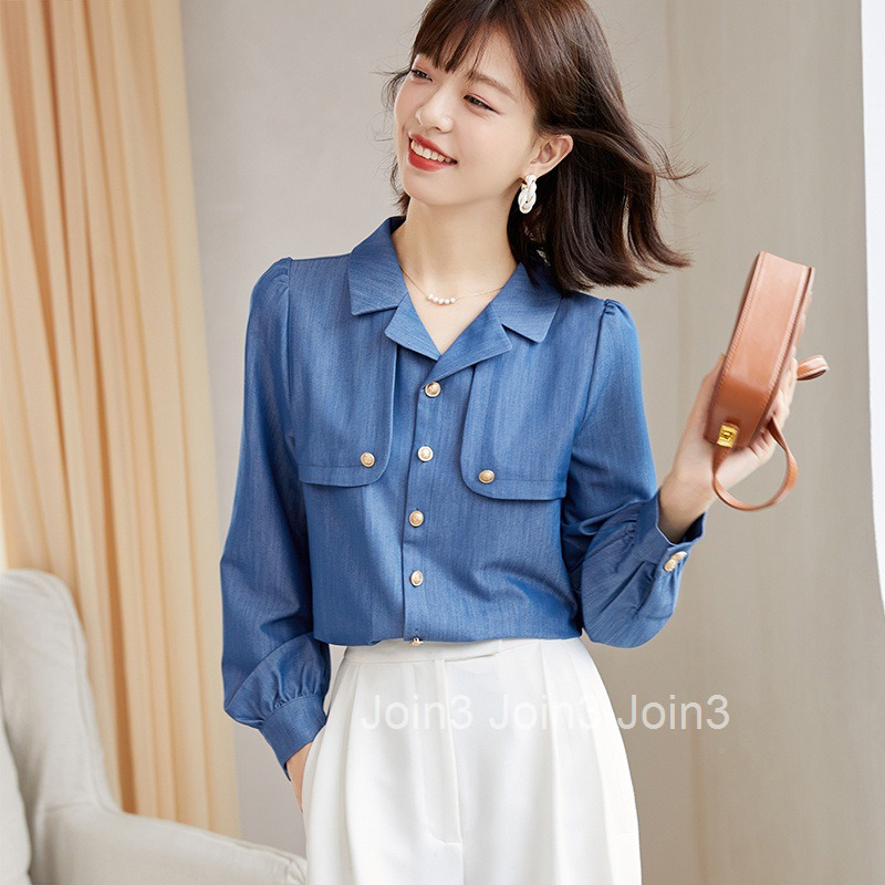 Spring and Autumn New Plus Size Womens Fashion Denim Long Sleeve Shirt Unique Chic Blouse Trendy