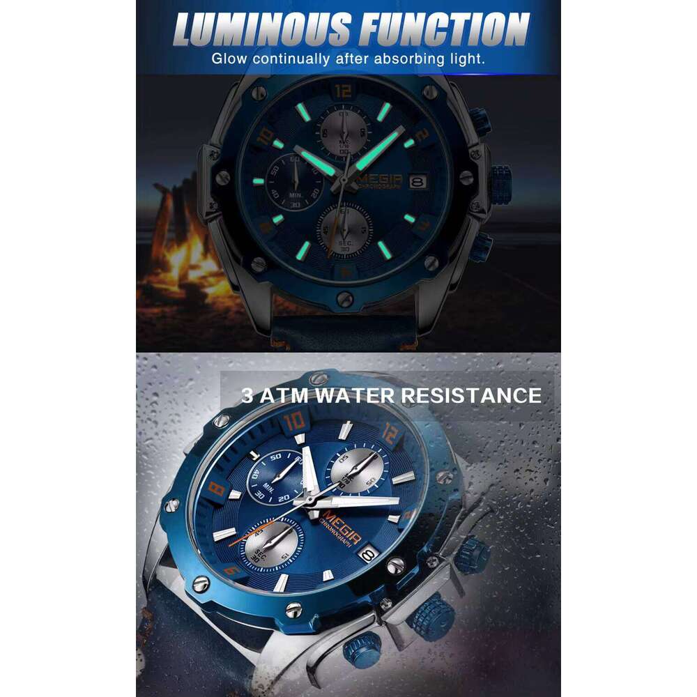 MEGIR Men's Chronograph Watch - Genuine Leather, Waterproof, Luminous, 45mm - Summer Hot Seller