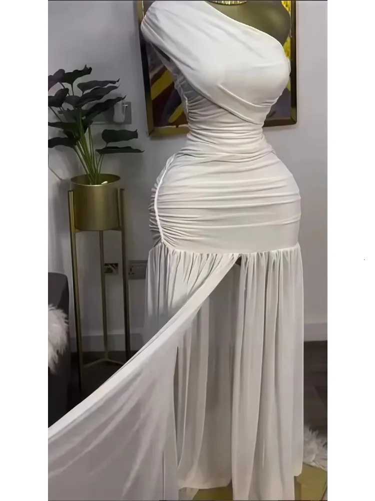 2025 Women One Shoulder Skew Neck High Split Pleated Hem Bodycon Long Maxi Dress Evening Sexy Club Party Dresses Vestido Z250728