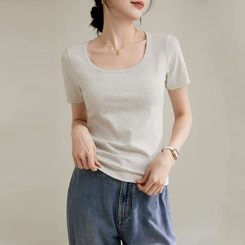 sxzy French Style Square Round Neck Base Layer High-End Feel High Elastic Cotton Short Sleeve T-Shirt for Women 2025 Spring Summer New Pullover Slim F