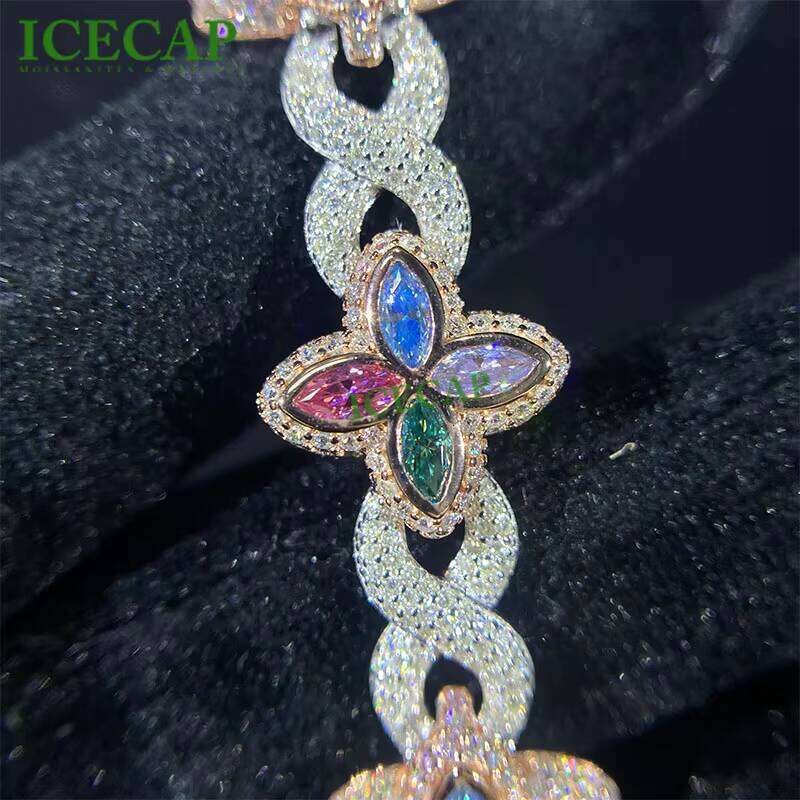 Custom VVS Moissanite Dia Flower Charm for Women Infinity Hip Hop Cuban Link Chain Bracelet Fine Jewelry