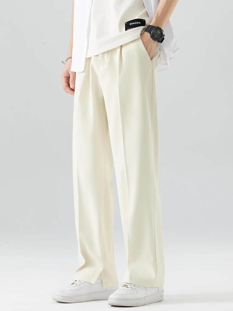 2023 Summer Casual Pants Men Breathable Polyester Korean Fashion SemiWide Banded Waist Slacks Straight Loose Drape Trousers 250729