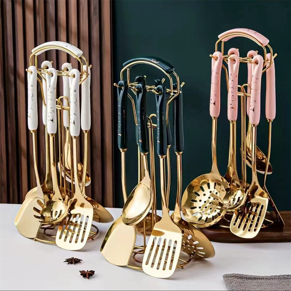 SUS 304 Kitchen Cooking Utensils Set, 7Pcs Kitchenware Sets with Hanging Shelf, Gold Cookware Utensils with Ceramic Handle, Heat Resistant Golden Kitchen Accessories