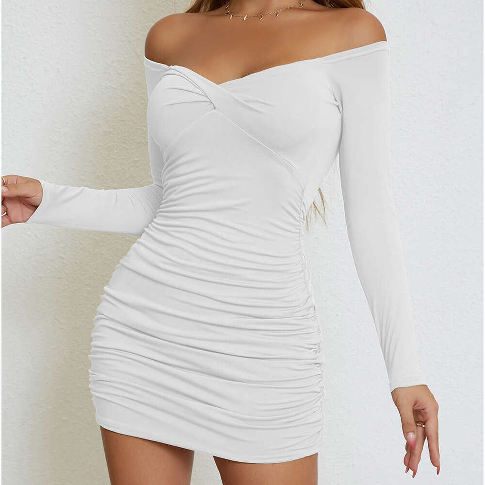 New Women's Sexy Ruched Off-Shoulder Long Sleeve Dress B5